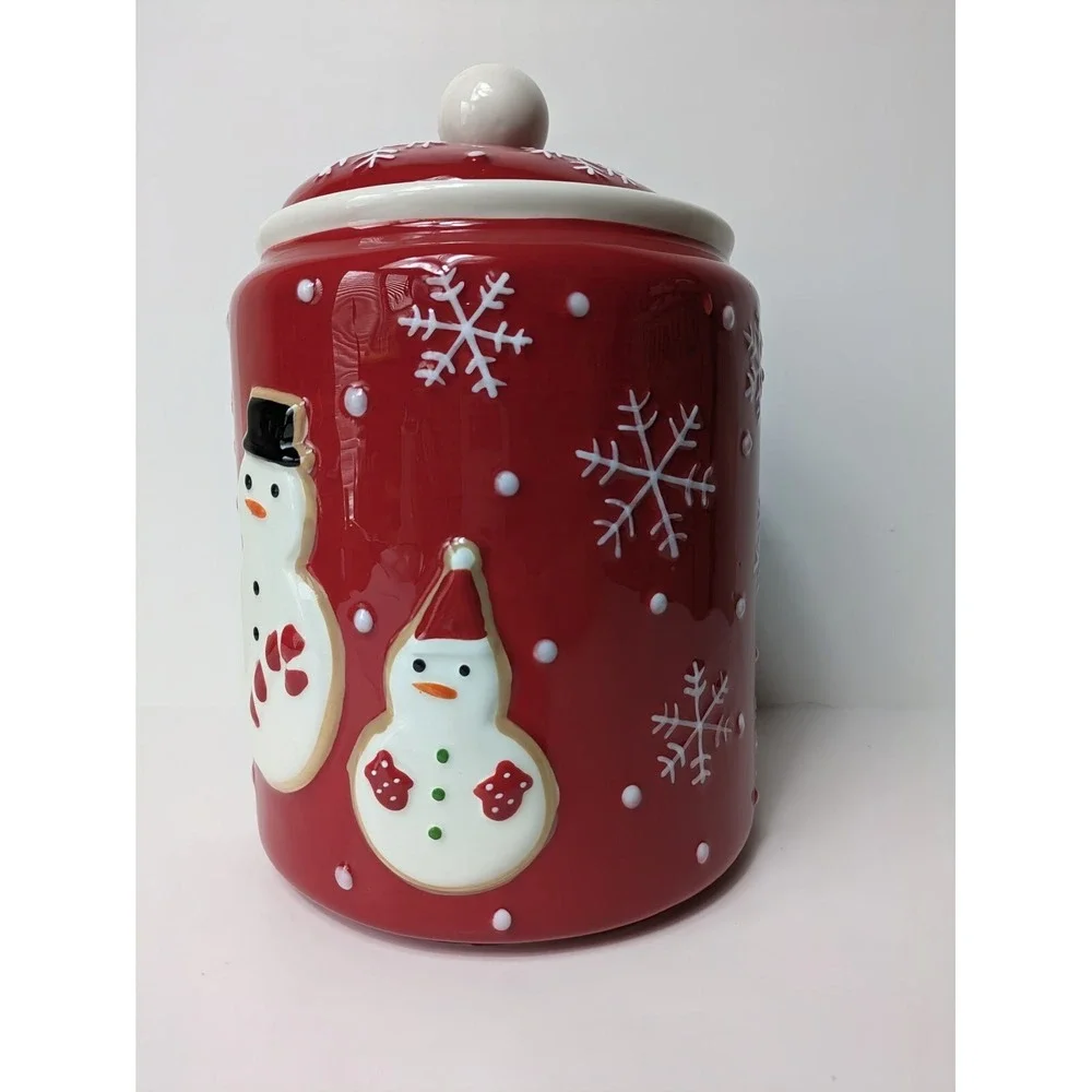 Hallmark Christmas Red Cookie Jar Canister 3 Snowmen Snowflakes 9